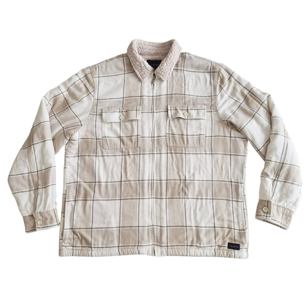 Hollister Sherpa-Lined Flannel Neutral Tan White Color Full Zip Shirt Jacket XL - Picture 8 of 16